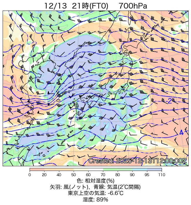 2025年12月13日の日本周辺の700hPa天気図（21時）