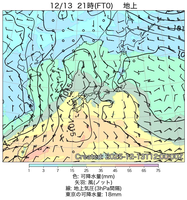 2025年12月13日の日本周辺の地上天気図（21時）