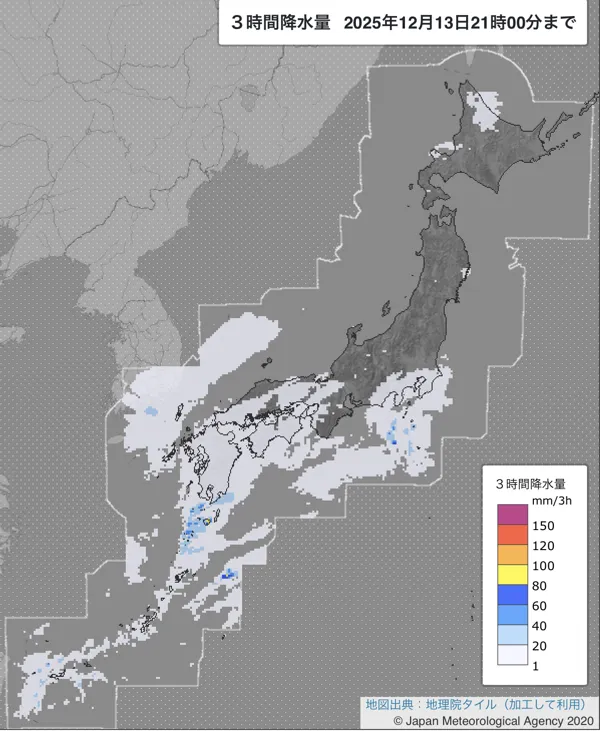 2025年12月13日18〜21時の日本周辺の3時間解析降水量