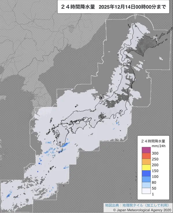 2025年12月13日の日本周辺の日解析雨量の図