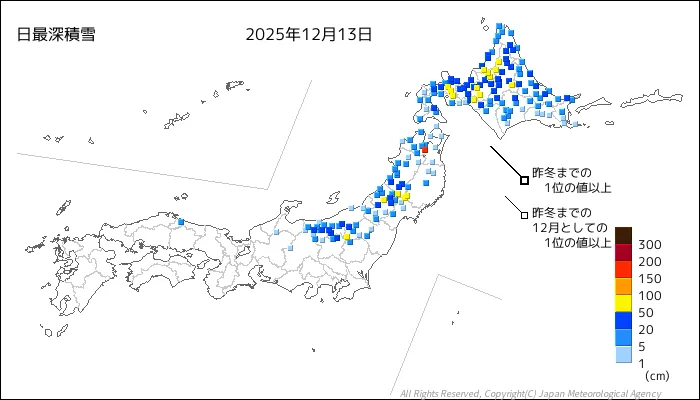 日本のアメダス最大積雪量の図