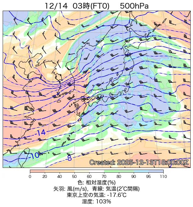 2025年12月14日の日本周辺の500hPa天気図（3時）
