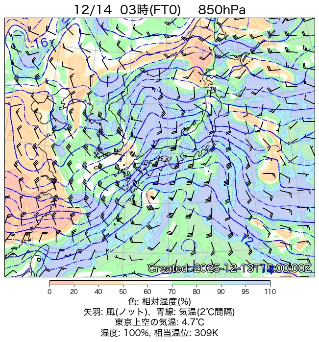 2025年12月14日の日本周辺の850hPa天気図（3時）