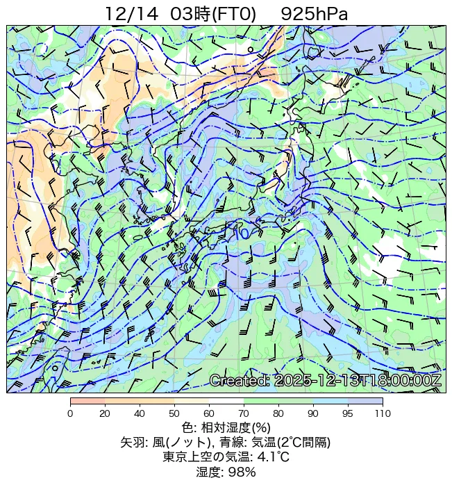 2025年12月14日の日本周辺の925hPa天気図（3時）