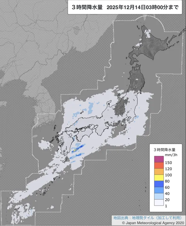 2025年12月14日0〜3時の日本周辺の3時間解析降水量