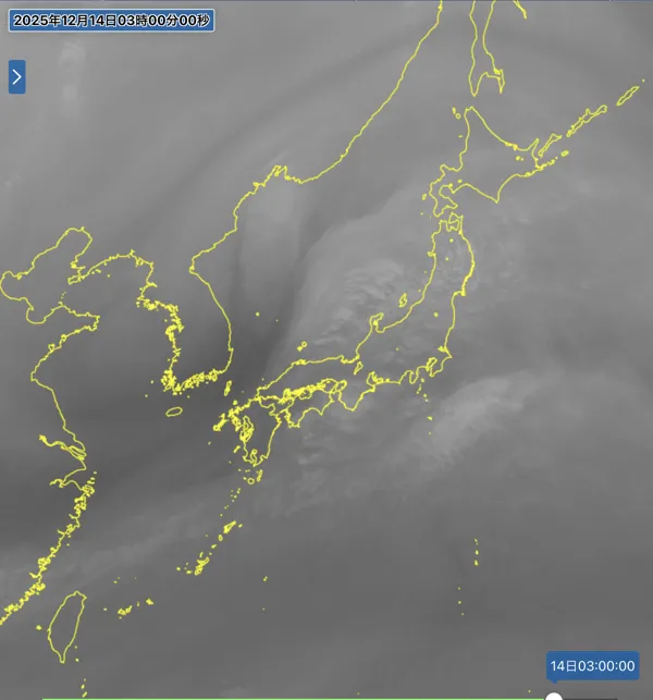 2025年12月14日3時の日本周辺の衛星水蒸気画像