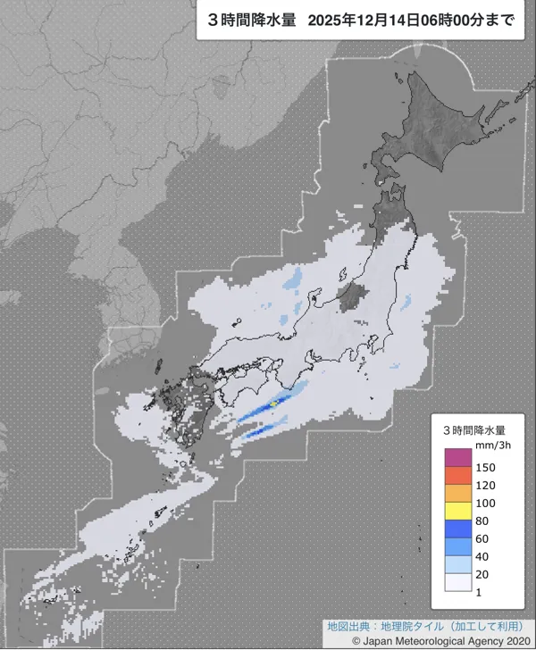 2025年12月14日3〜6時の日本周辺の3時間解析降水量