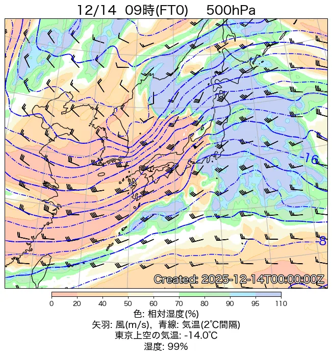 2025年12月14日の日本周辺の500hPa天気図（9時）