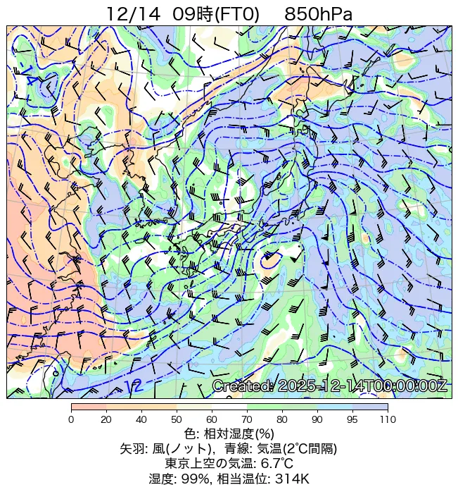 2025年12月14日の日本周辺の850hPa天気図（9時）