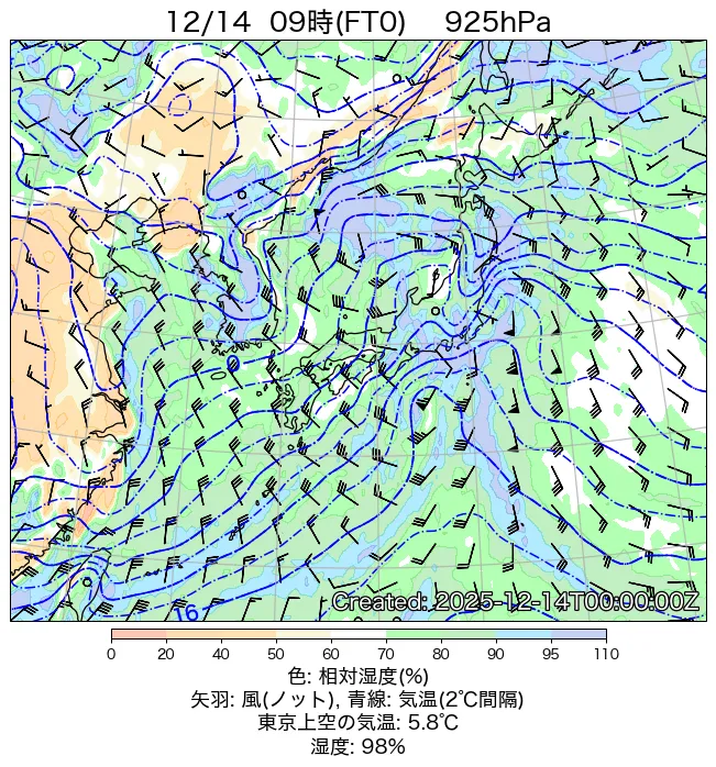 2025年12月14日の日本周辺の925hPa天気図（9時）