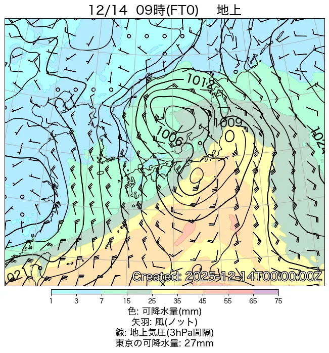 2025年12月14日の日本周辺の地上天気図（9時）