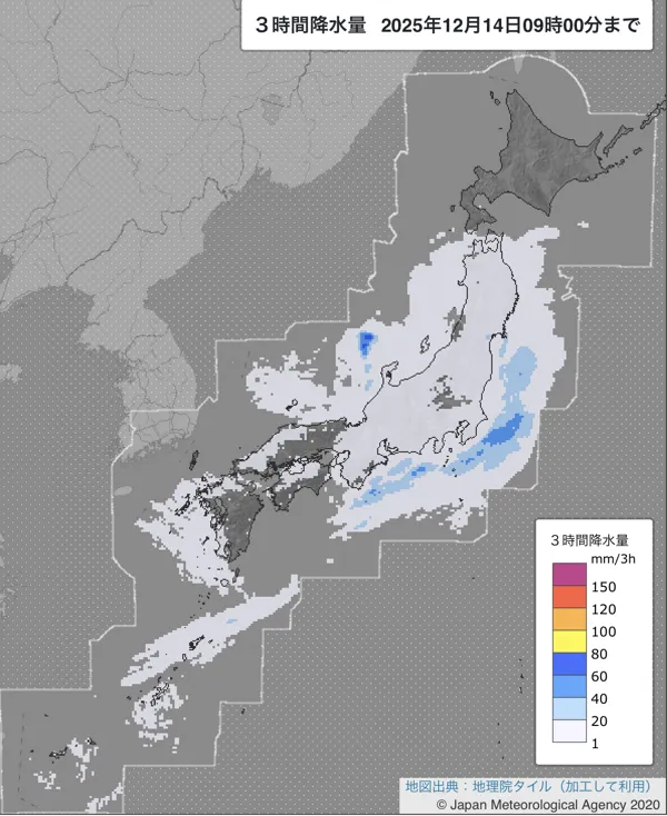 2025年12月14日6〜9時の日本周辺の3時間解析降水量
