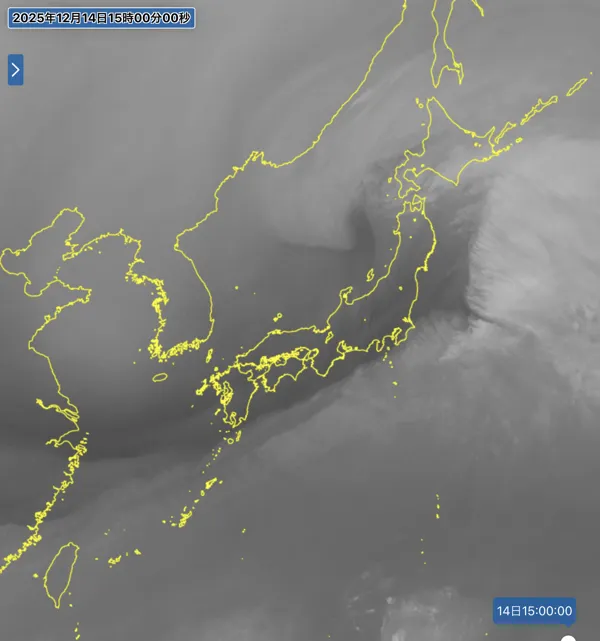 2025年12月14日15時の日本周辺の衛星水蒸気画像
