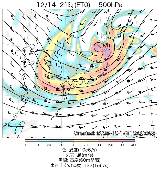 2025年12月14日の日本周辺の500hPa天気図（21時）