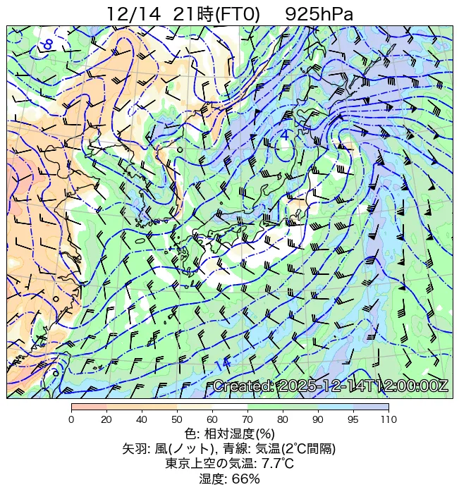 2025年12月14日の日本周辺の925hPa天気図（21時）