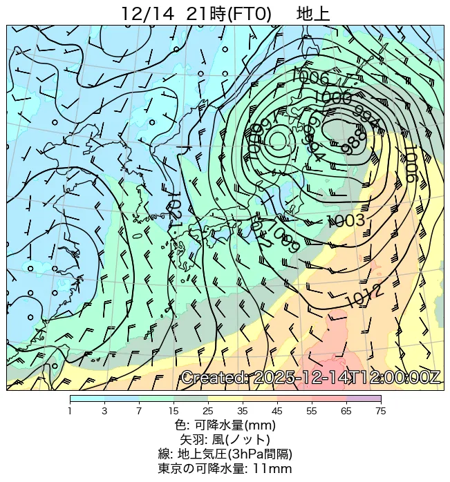 2025年12月14日の日本周辺の地上天気図（21時）