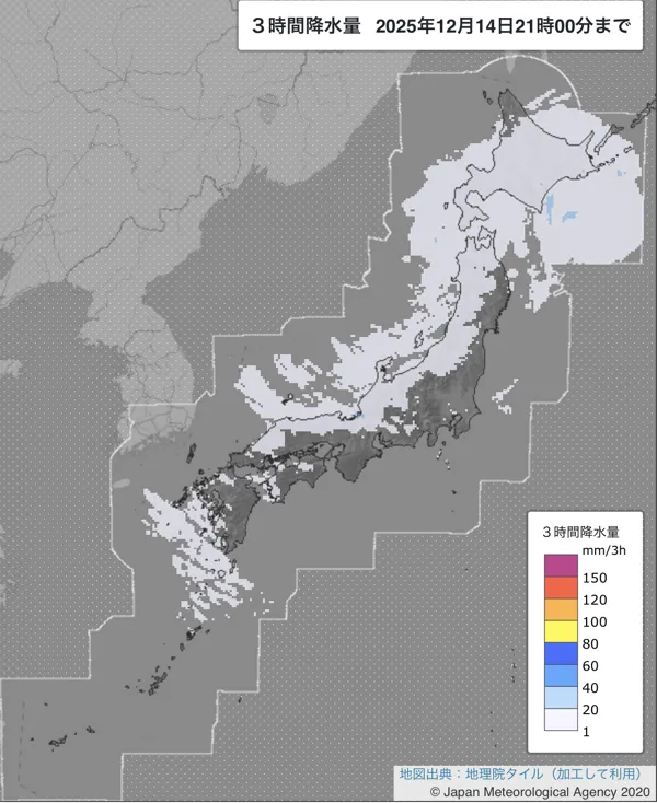 2025年12月14日18〜21時の日本周辺の3時間解析降水量