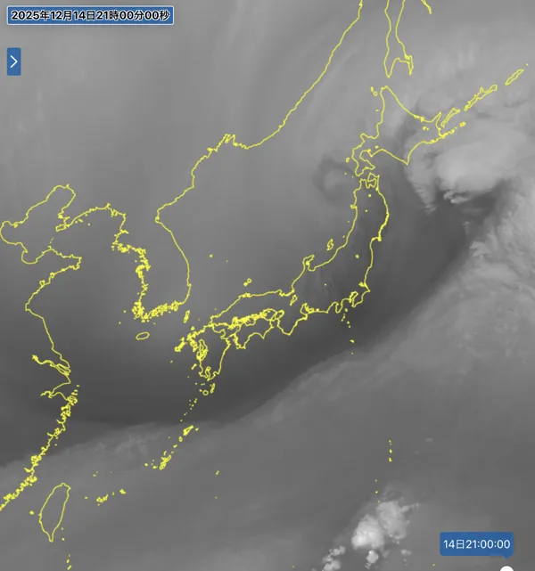 2025年12月14日21時の日本周辺の衛星水蒸気画像
