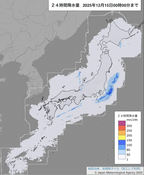 2025年12月14日の日本周辺の日解析雨量の図