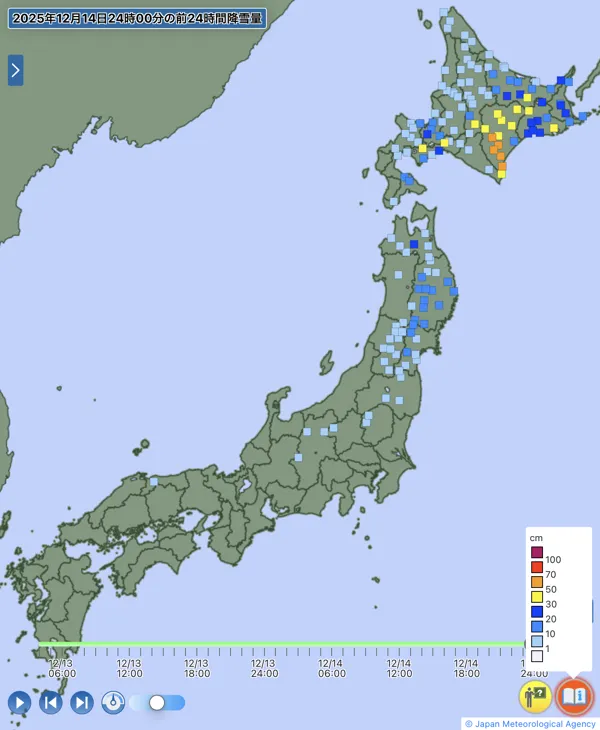 日本のアメダス日降雪量の図