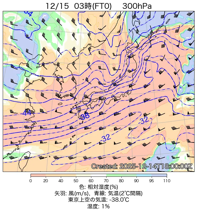 2025年12月15日の日本周辺の300hPa天気図（3時）