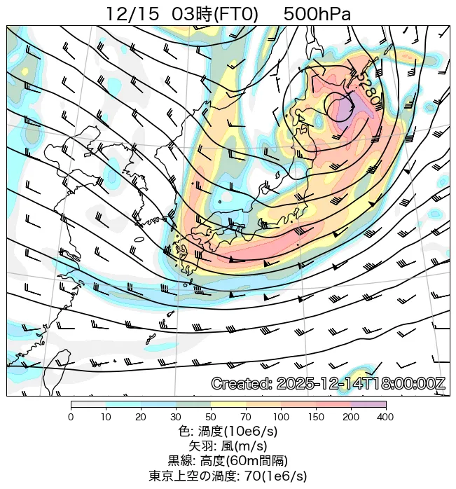 2025年12月15日の日本周辺の500hPa天気図（3時）