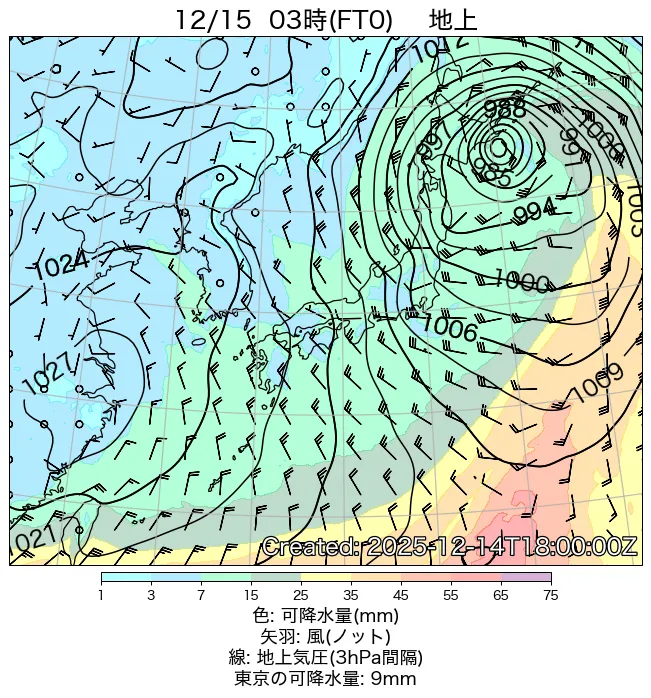 2025年12月15日の日本周辺の地上天気図（3時）