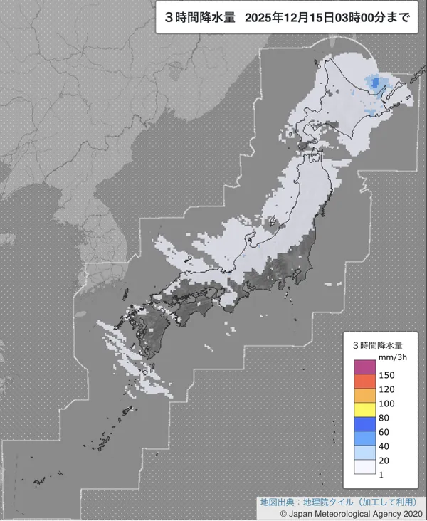 2025年12月15日0〜3時の日本周辺の3時間解析降水量