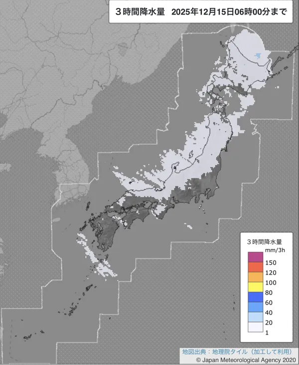 2025年12月15日3〜6時の日本周辺の3時間解析降水量