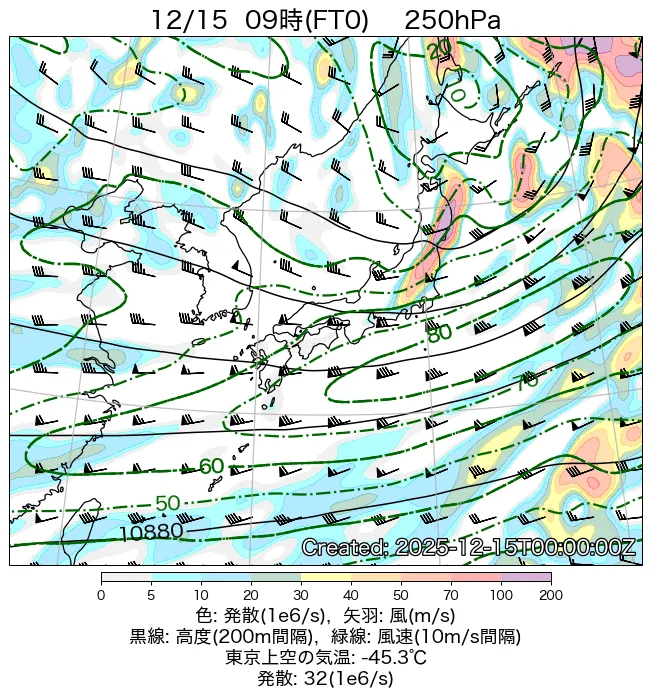 2025年12月15日の日本周辺の250hPa天気図（9時）