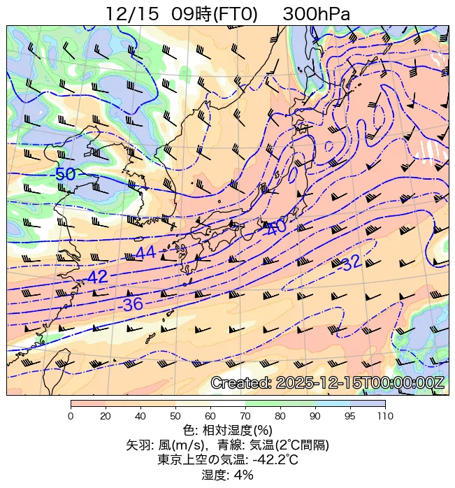 2025年12月15日の日本周辺の300hPa天気図（9時）