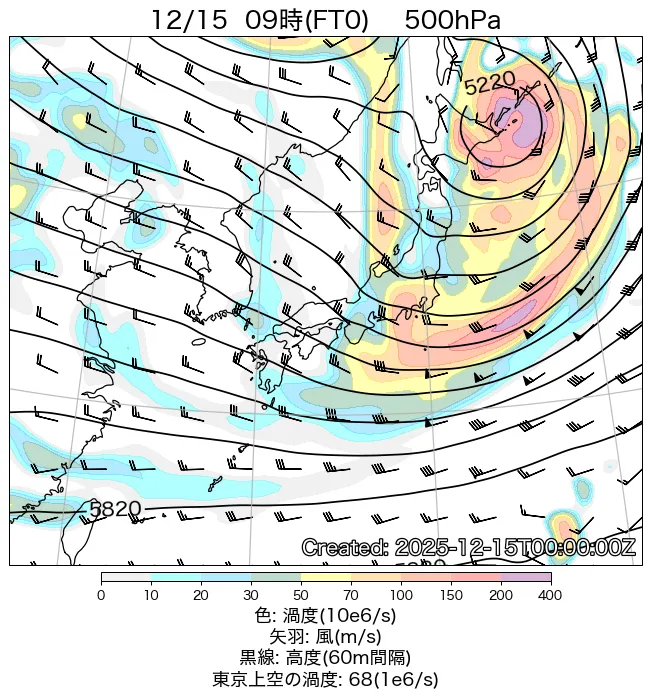 2025年12月15日の日本周辺の500hPa天気図（9時）
