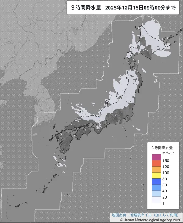 2025年12月15日6〜9時の日本周辺の3時間解析降水量