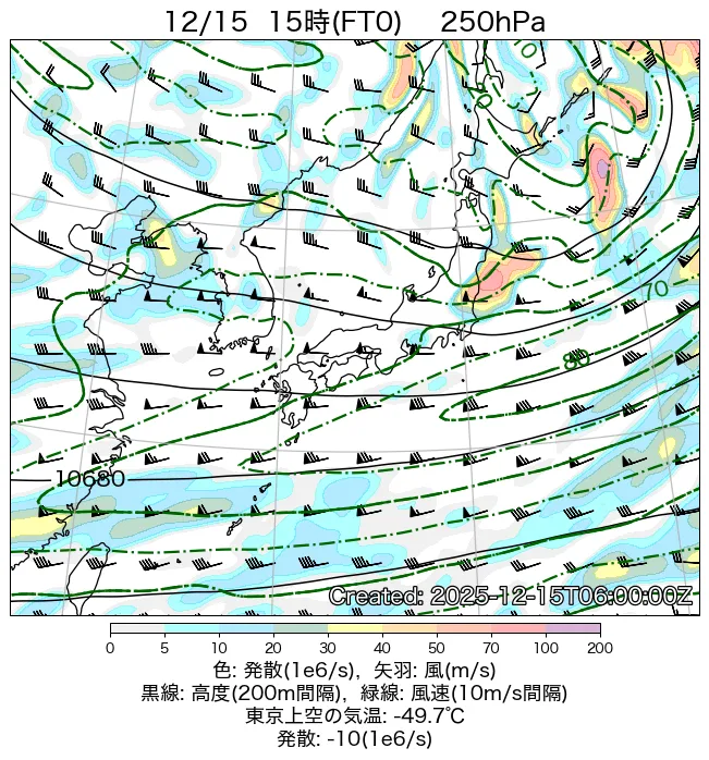 2025年12月15日の日本周辺の250hPa天気図（15時）