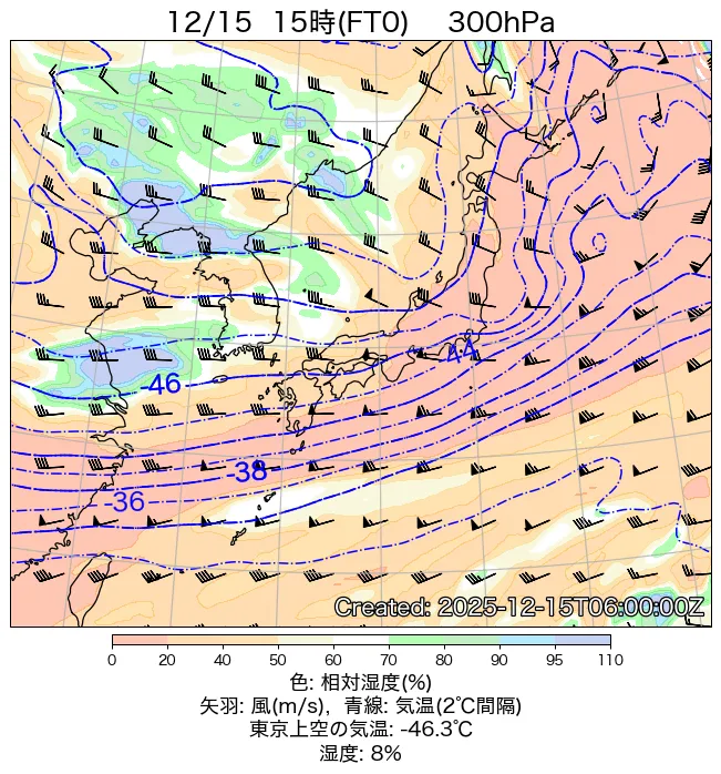 2025年12月15日の日本周辺の300hPa天気図（15時）