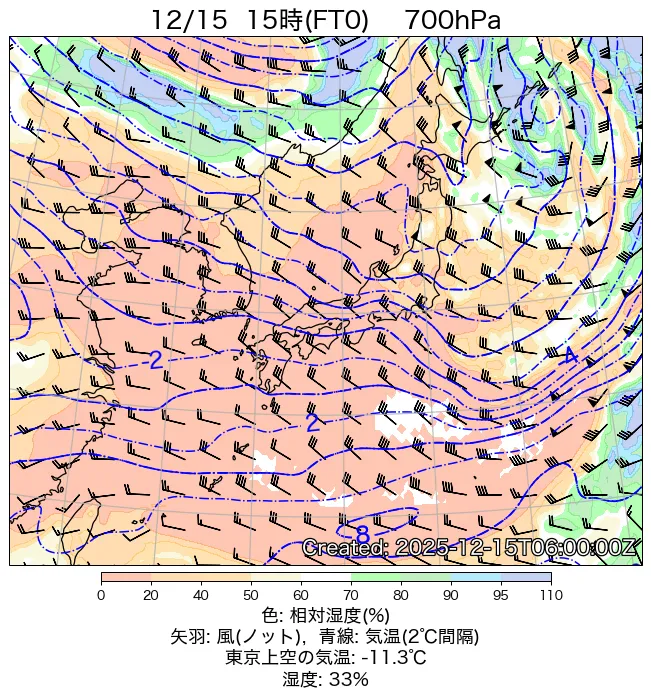 2025年12月15日の日本周辺の700hPa天気図（15時）