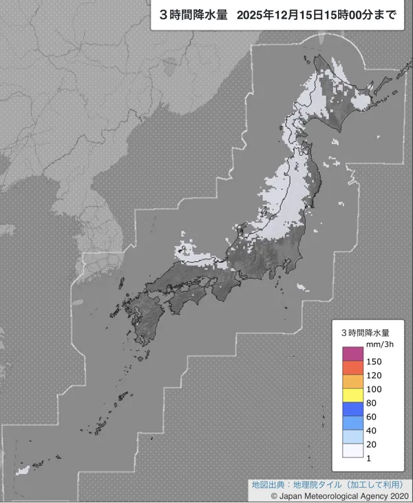 2025年12月15日12〜15時の日本周辺の3時間解析降水量