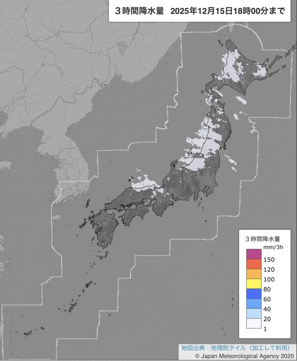 2025年12月15日15〜18時の日本周辺の3時間解析降水量