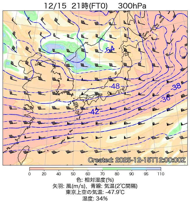 2025年12月15日の日本周辺の300hPa天気図（21時）