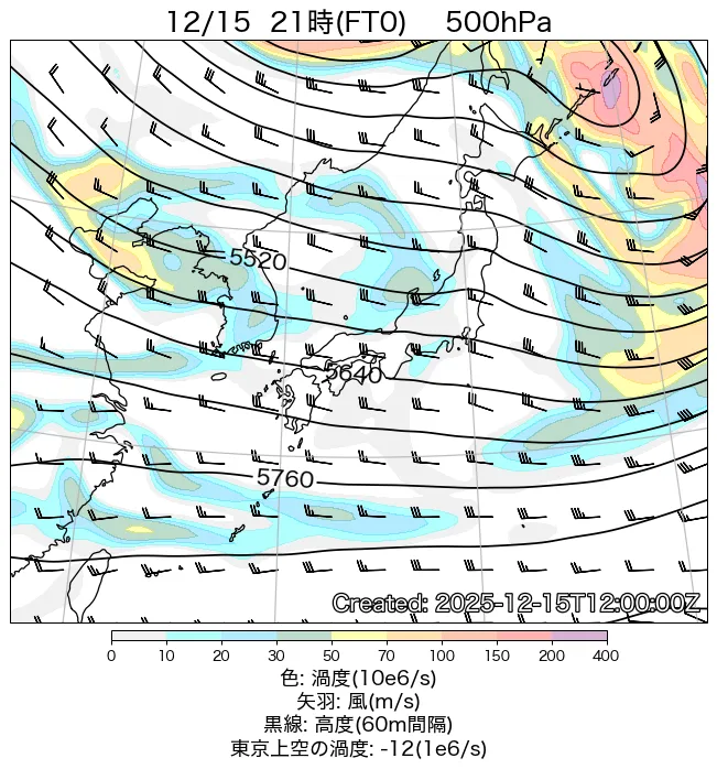 2025年12月15日の日本周辺の500hPa天気図（21時）