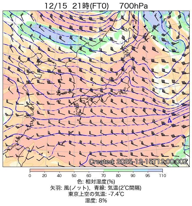 2025年12月15日の日本周辺の700hPa天気図（21時）