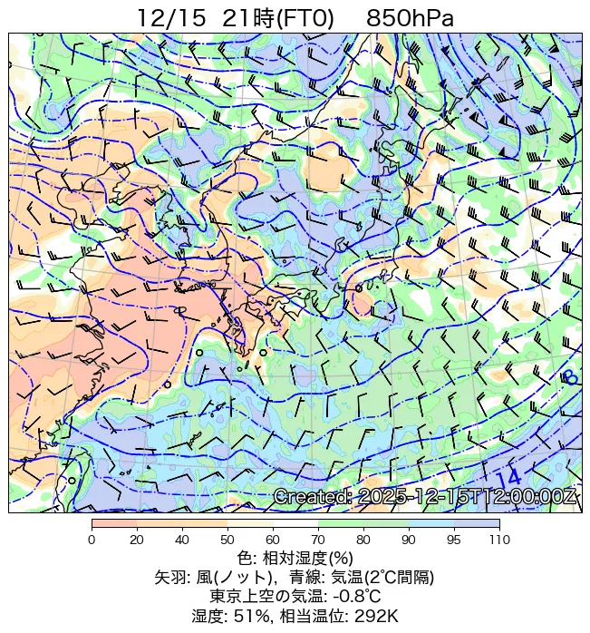 2025年12月15日の日本周辺の850hPa天気図（21時）