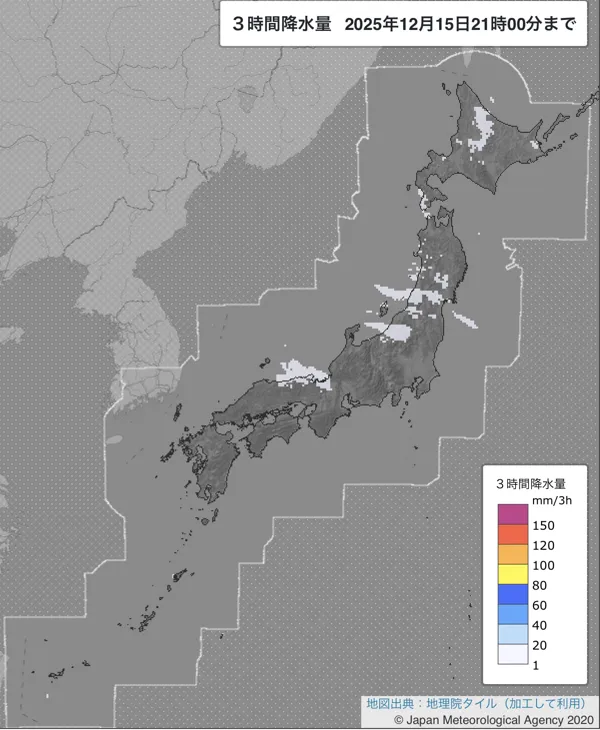 2025年12月15日18〜21時の日本周辺の3時間解析降水量
