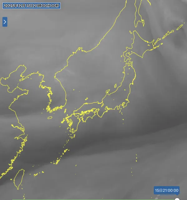 2025年12月15日21時の日本周辺の衛星水蒸気画像