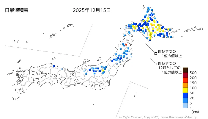日本のアメダス最大積雪量の図