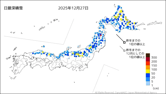 日本のアメダス最大積雪量の図
