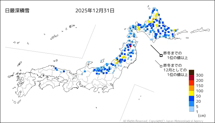 日本のアメダス最大積雪量の図