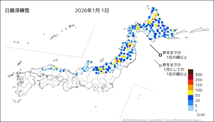 日本のアメダス最大積雪量の図