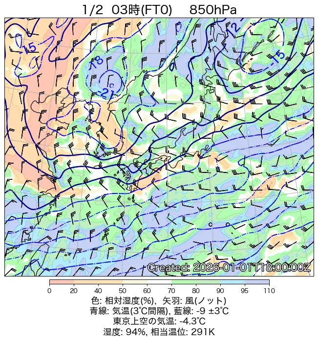 2026年1月2日の日本周辺の850hPa天気図（3時）