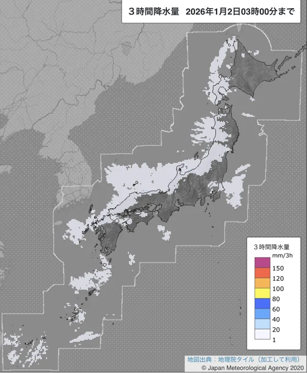 2026年1月2日0〜3時の日本周辺の3時間解析降水量
